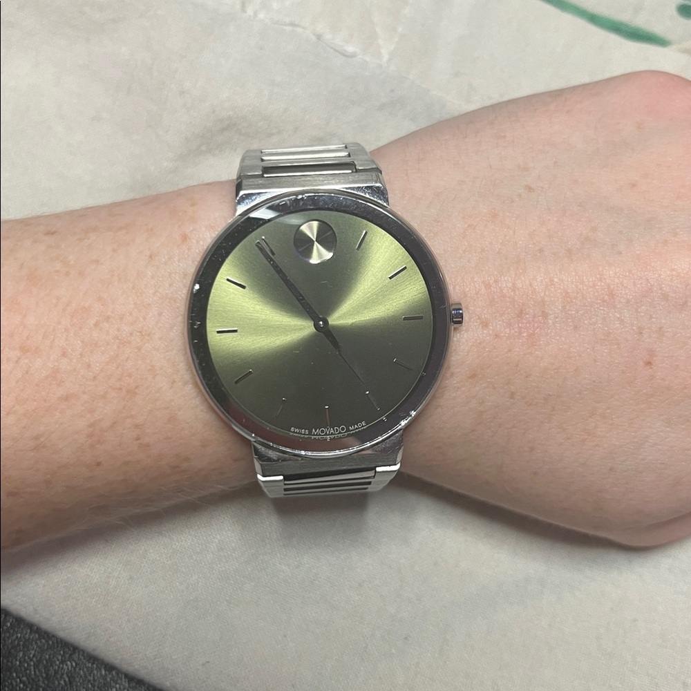 Movado Silver Watch with Olive Dial